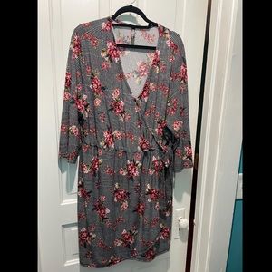 Floral and plaid wrap dress